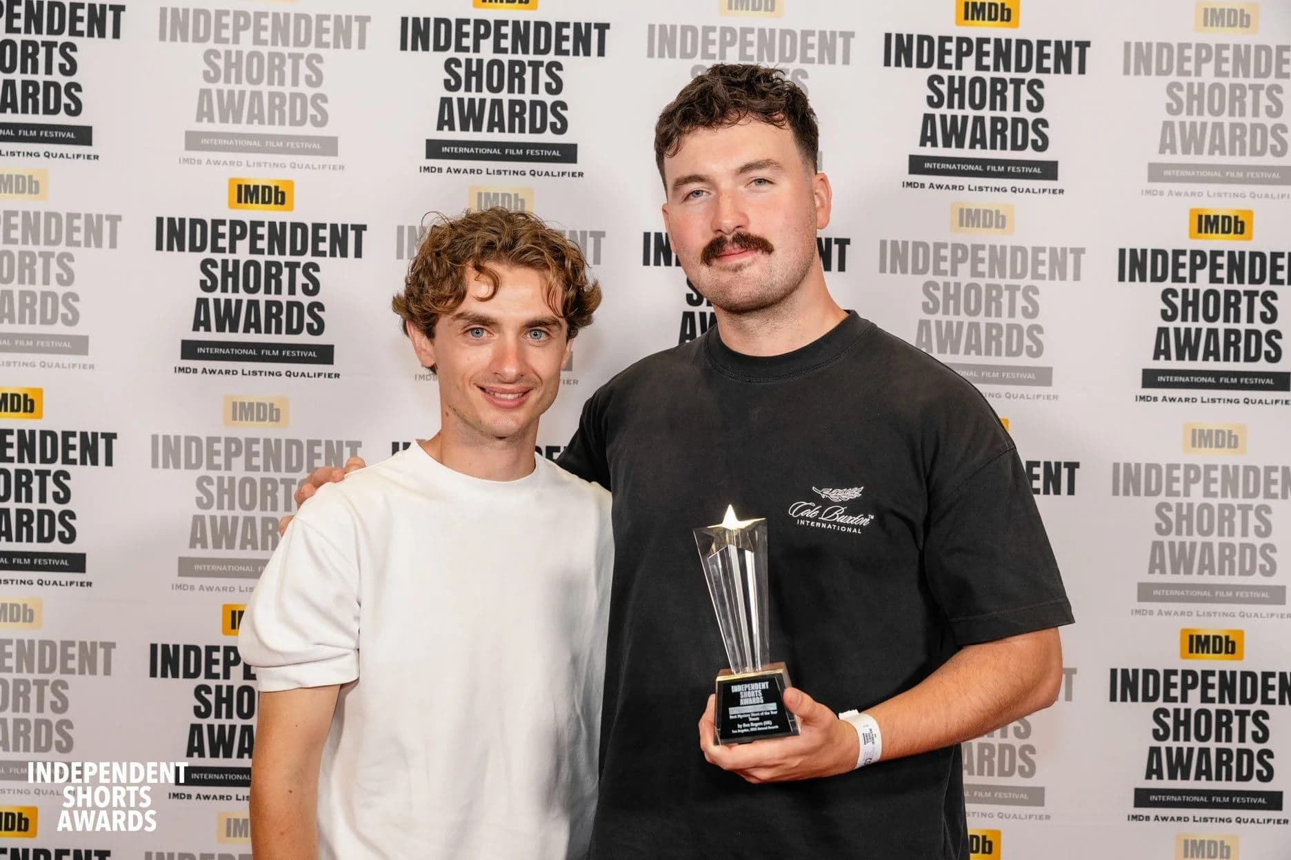 Brandon and Ben at the Independent Shorts Awards in Los Angeles, Ben holding the award